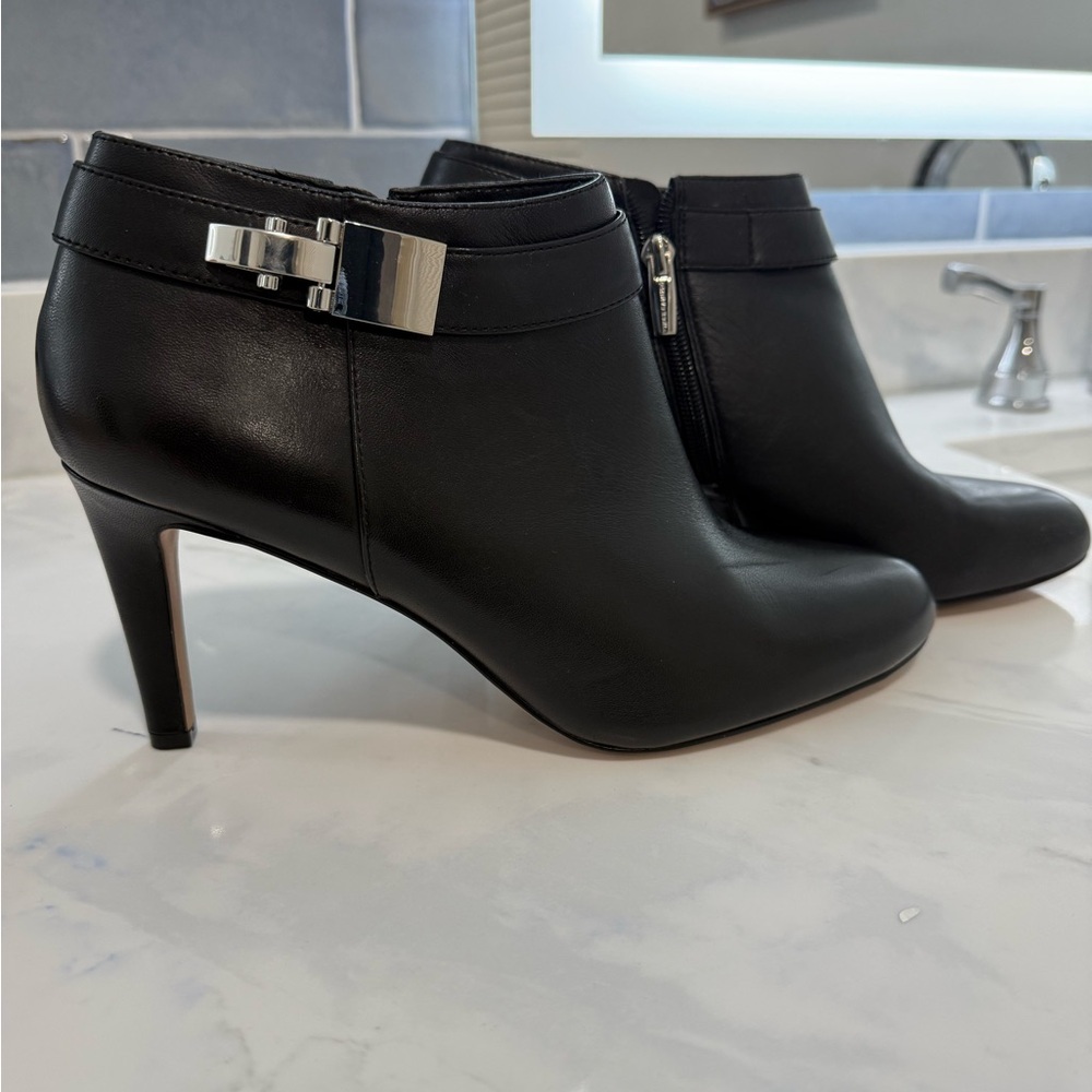 Vince Camuto Black Heeled Ankle Boots with Silver Buckle